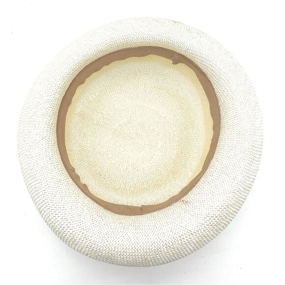 Vintage 1950s Cream Straw Sailor Hat Antique Ivory Boater Skimmer W Bow Detail - Picture 9 of 11